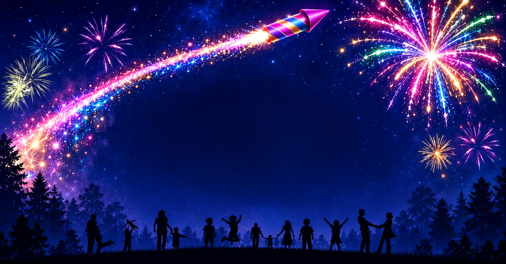 A glowing firework rocket and multicolour fireworks above families at night