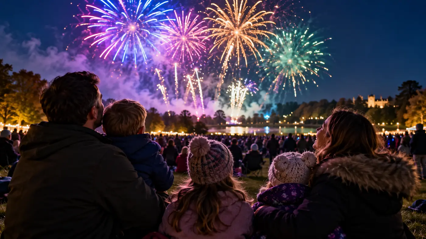 A family watching a spectacular multicoloured fireworks display