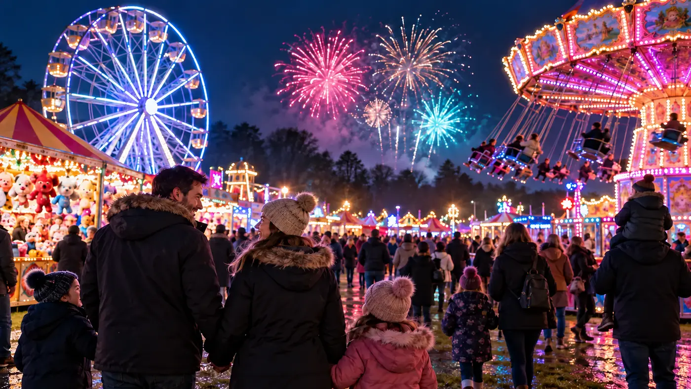 Families enjoying an illuminated funfair beneath fireworks