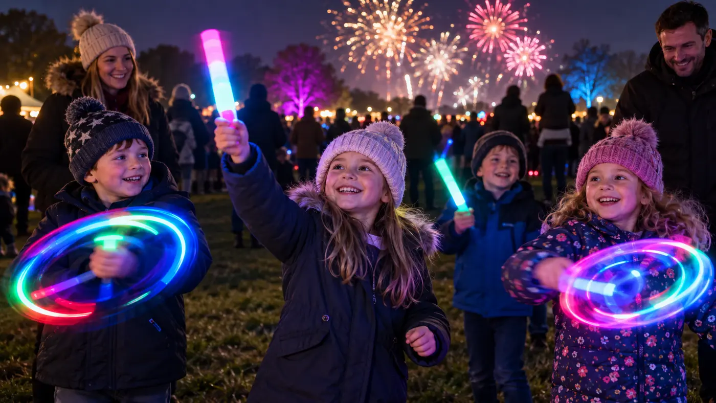 Children enjoying colourful light-up toys at a fireworks event